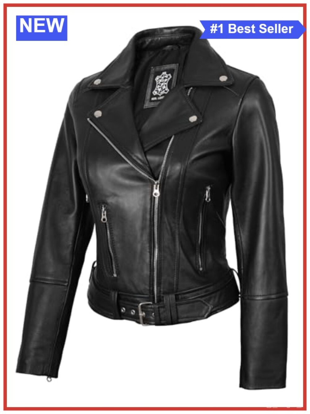 Asymmetrical Lambskin Leather Moto Jacket Belted Notched Collar